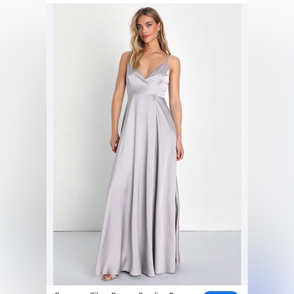 Lulus Ode To Love Silver Satin Maxi Dress Spaghetti Strap Evening Gown Gray M‎